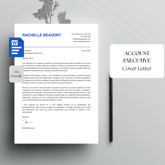 Account Executive Cover Letter Template | Professional Editable Word Letter for Job Applications | Instant Digital Download