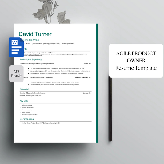 Agile Product Owner Resume Template | Professional Editable Word CV | ATS-Friendly Resume for Product Management Jobs | Instant Download