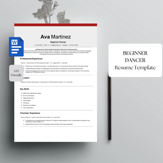 Beginner Dancer Resume Template | Professional Editable Word CV | Dance Audition Resume for Performers & Students | Instant Download