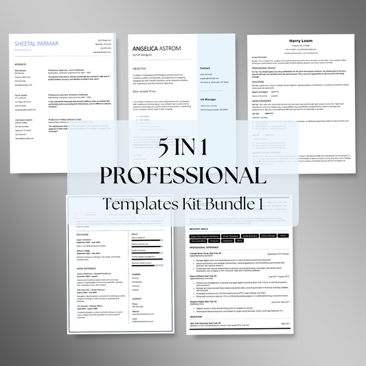 5-in-1 Resume & Cover Letter Template Bundle | Professional Modern CV Pack | Editable Word Templates for Job Applications | Instant Download