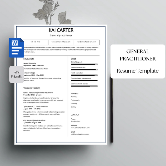 General Practitioner Resume Template | Professional Doctor CV | Editable Word Resume for Medical Jobs | Instant Download