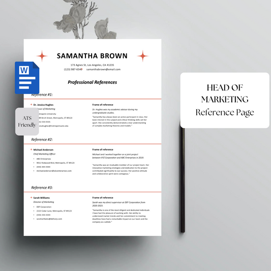 Head of Marketing Reference Page Template | Professional Editable Word Document | Job Application References Sheet | Instant Download
