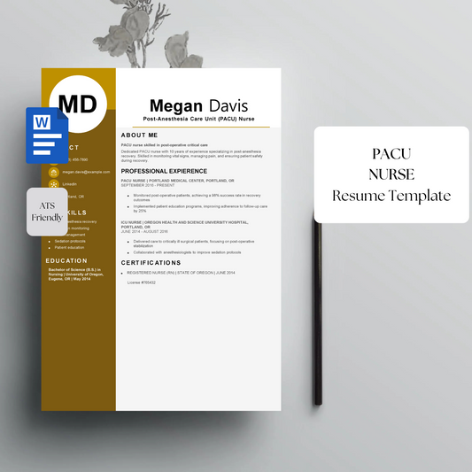 PACU Nurse Resume Template | Professional Editable Word CV | ATS-Friendly Resume for Post-Anesthesia Care Unit Nursing Jobs | Instant Download