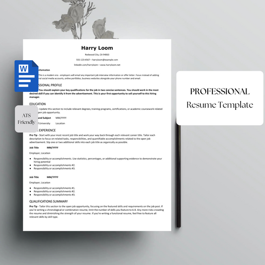 Professional Resume Template | Modern Editable CV for Job Applications | Word Resume for Career Professionals | Instant Download