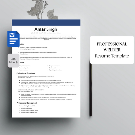 Professional Welder Resume Template | Skilled Trades Editable Word CV | ATS-Friendly Resume for Welding & Fabrication Jobs | Instant Download