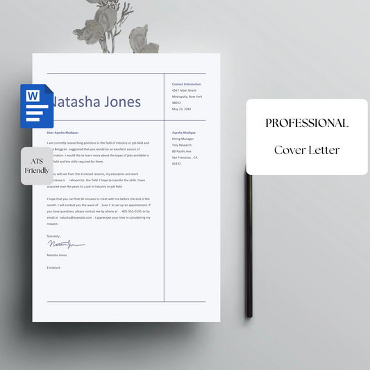 Professional Cover Letter Template | Modern Editable Word Letter for Job Applications | ATS-Friendly Career Document | Instant Download