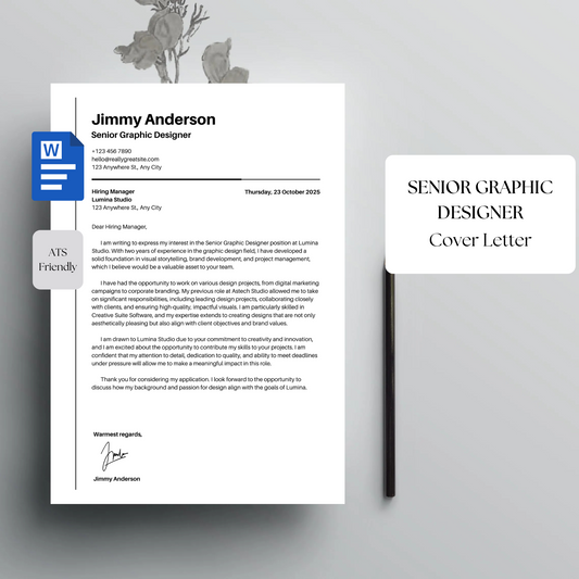 Senior Graphic Designer Cover Letter Template | Editable & Professional