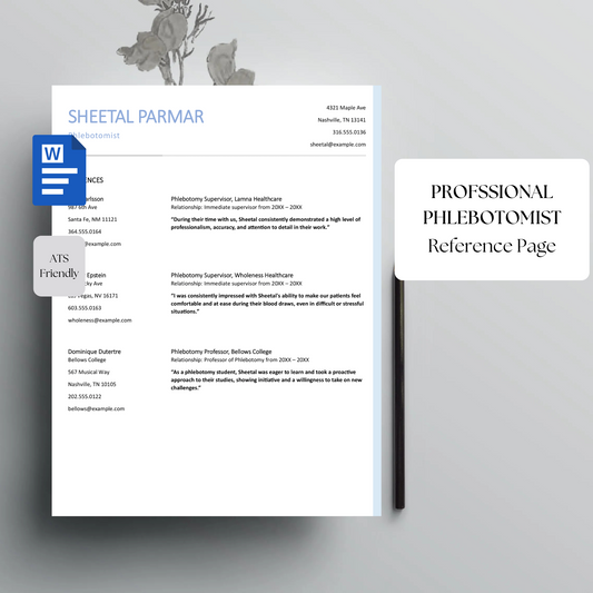 Professional Phlebotomist Reference Template | Medical Lab Technician Reference| Editable Word References for Healthcare Jobs | Instant Download